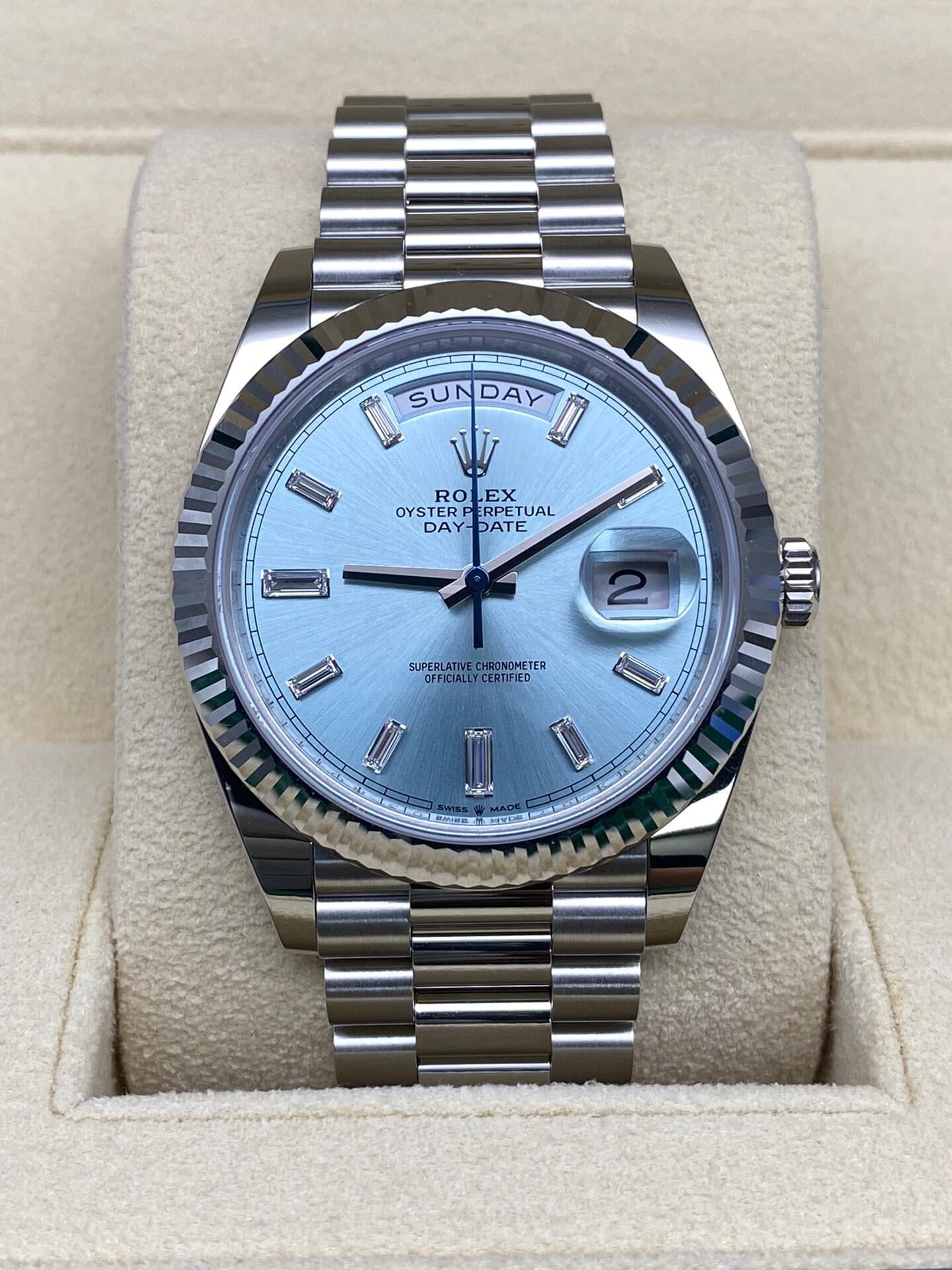 Rolex Day Date Platinum Ice Blue Baguette Diamond Dial F lli Del Tempo Rolex day date platinum ice blue baguette diamond dial f lli del tempo