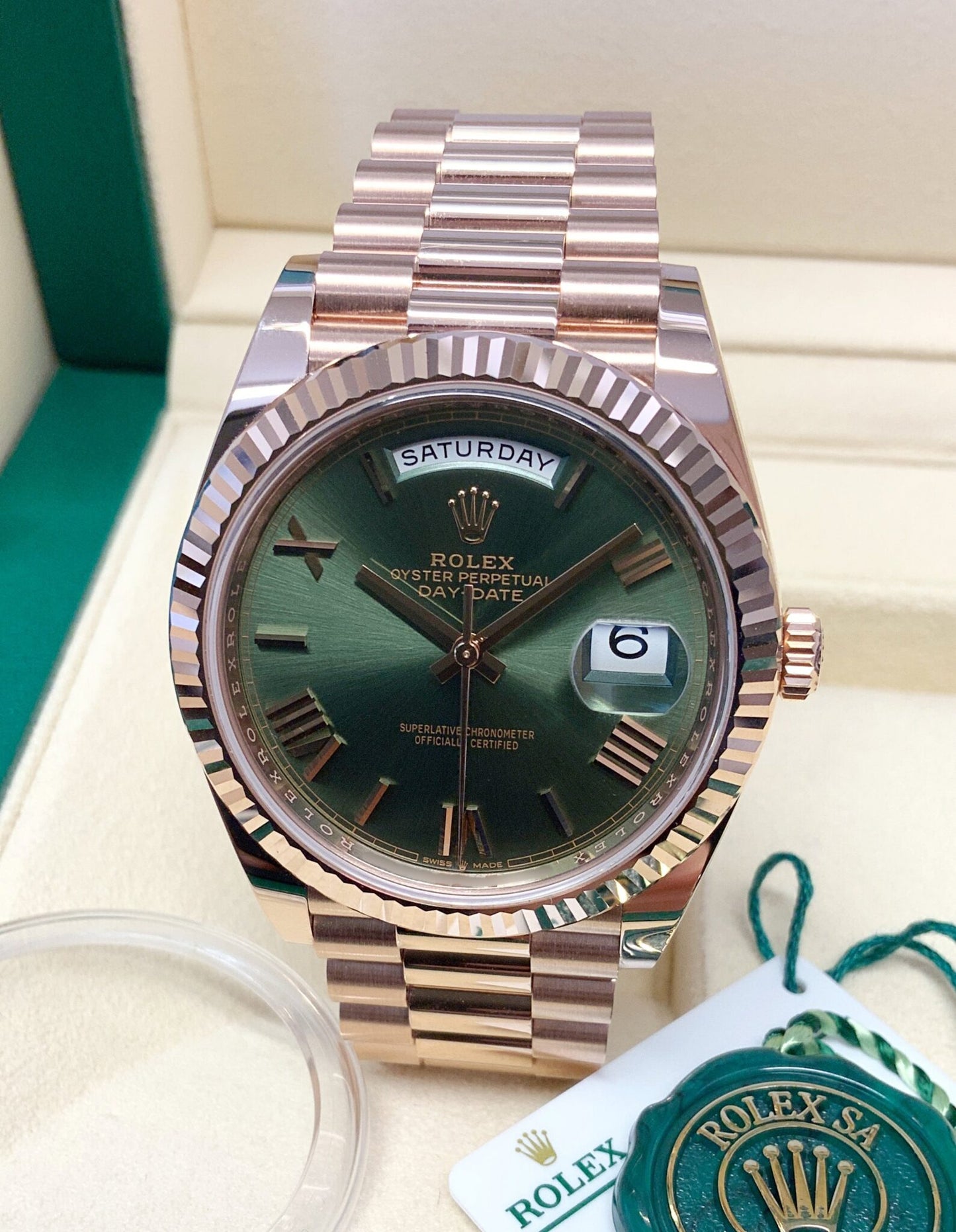 Rolex replica Day-Date Rose Gold olive dial